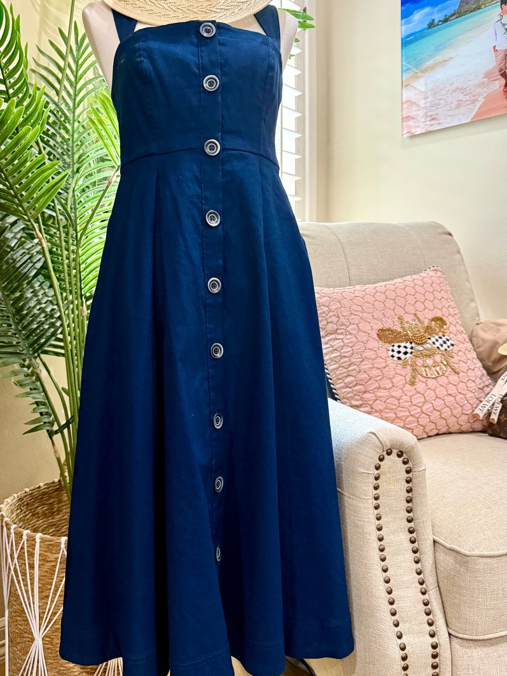 Anthro Maeve Navy Button Front Midi Dress 6P Petite Pockets NWOT - Picture 3 of 5